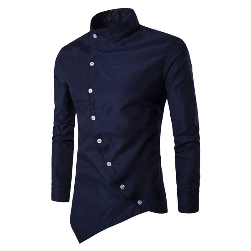 

Men's Fashion Personality Oblique Button Stand Collar Long Sleeve Shirt, Cadetblue