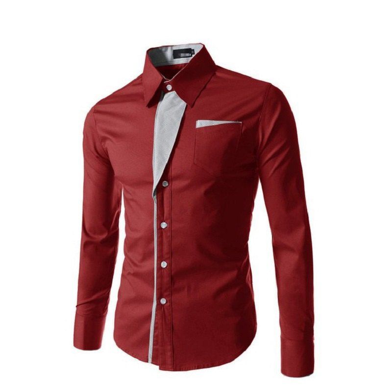 

British Slim Contrast Men's Long Sleeve Lapel Shirt, Red