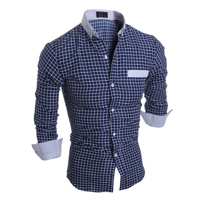 

Slim Casual Men's Plaid Long-sleeved Shirt, Cadetblue