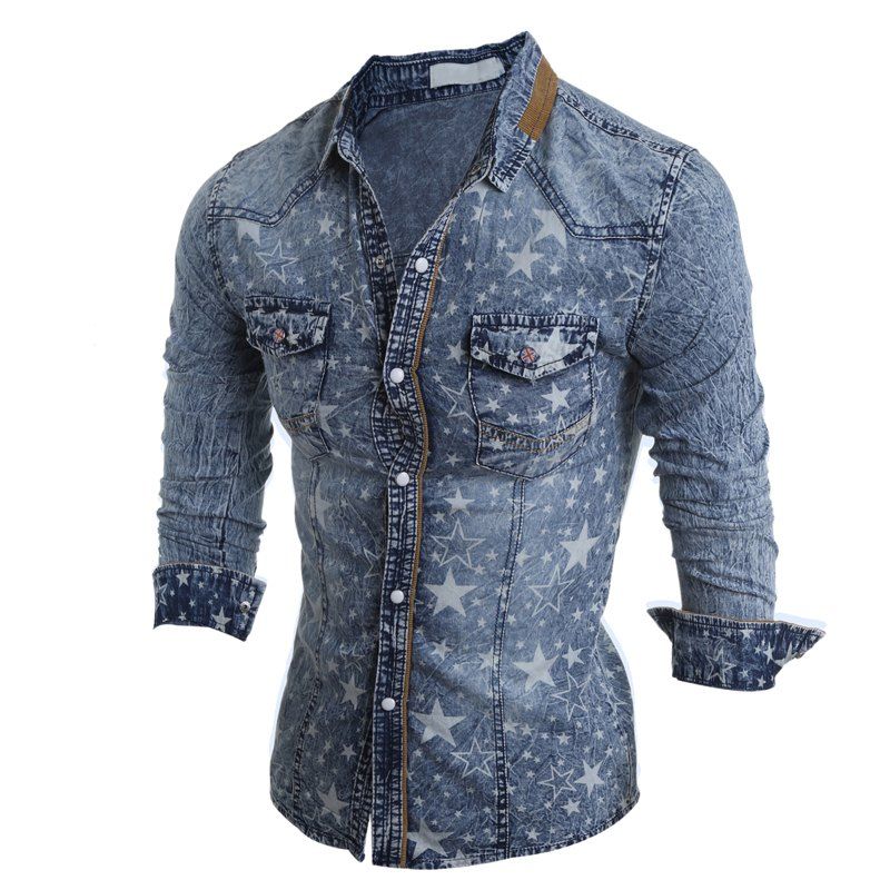 

Casual Denim Shirt Casual Teen Star Print Men's Long Sleeve, Light blue
