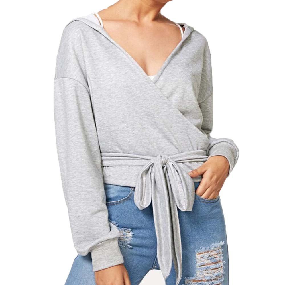 

V Collar Loose Long Sleeve Hoodie, Light gray