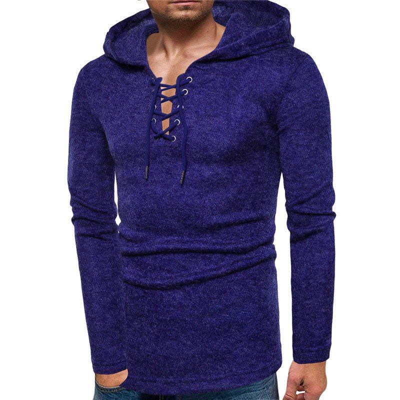 

Men's Casual Lace Up Solid Colored Hooded Pullover Sweater, Blue