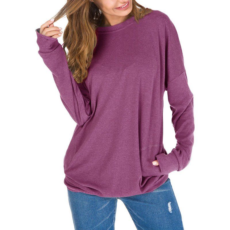 

Solid Color Pocket Pullover Long Sleeve T Shirt, Plum