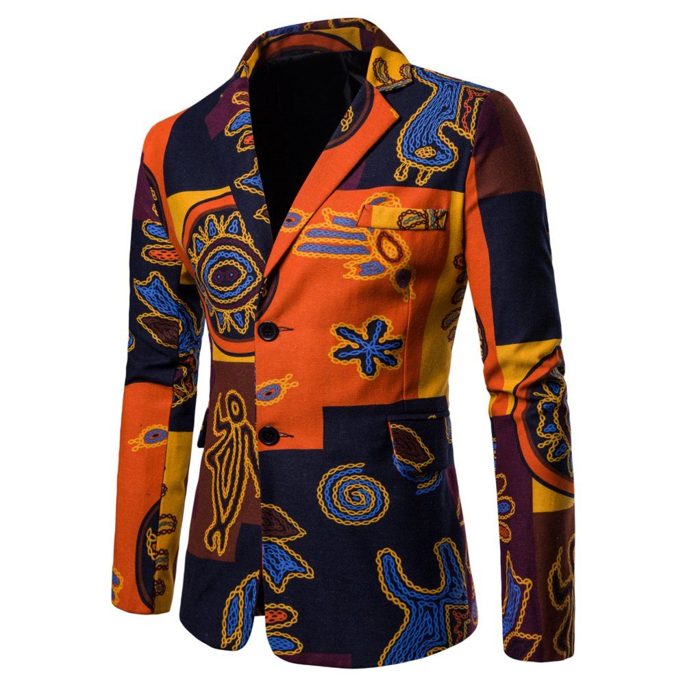 

Men's Long Sleeves Out Large Size Ethnic Style Print Blazer, Multi-c