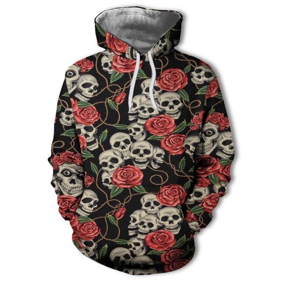 Pull à capuche imprimé 3D Rose Skull pour hommes, personnalité de la mode - multicolor A S