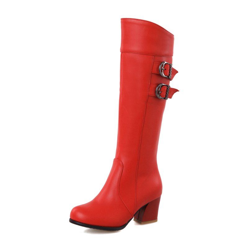 

Warm Winter Thick Heel Strap with Solid Color Zipper Knee Boots, Red