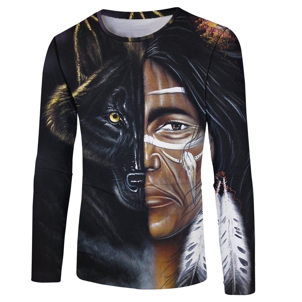 

Fashion Personality 3D Human Wolf Face Digital Printing Men's Long-sleeved T-shirt, Multi-a