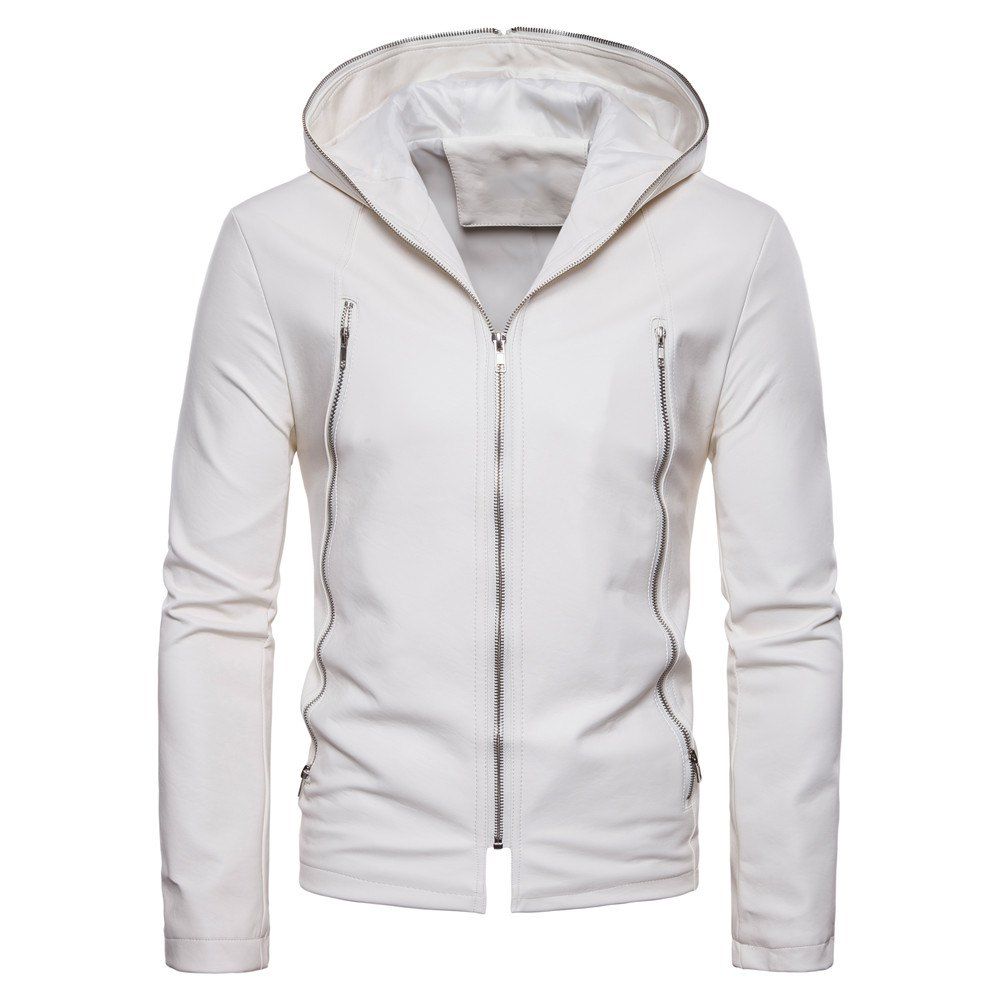 

Men's Hooded Leather Jacket Slim Fashion Coat Motorcycle, White
