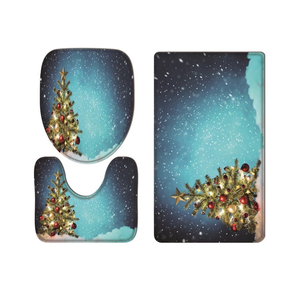 

Snow Christmas Tree Flannel Printing Water Absorbent Non-Slip Toilet Three-Piece, Multi