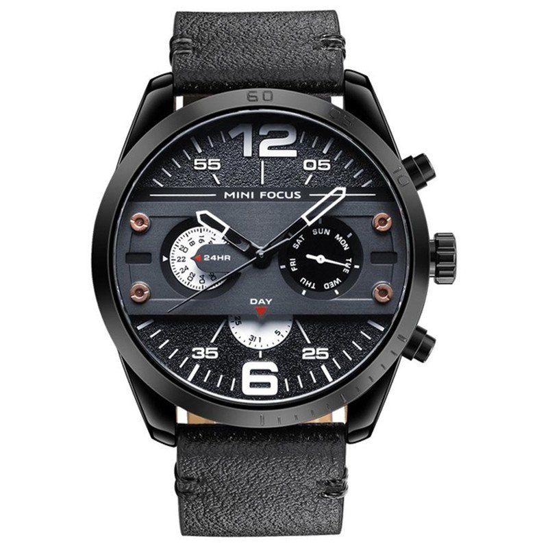 

MINI FOCUS Men's Fashion Sport Watch with Stainless Steel Round Dial Leather, Black