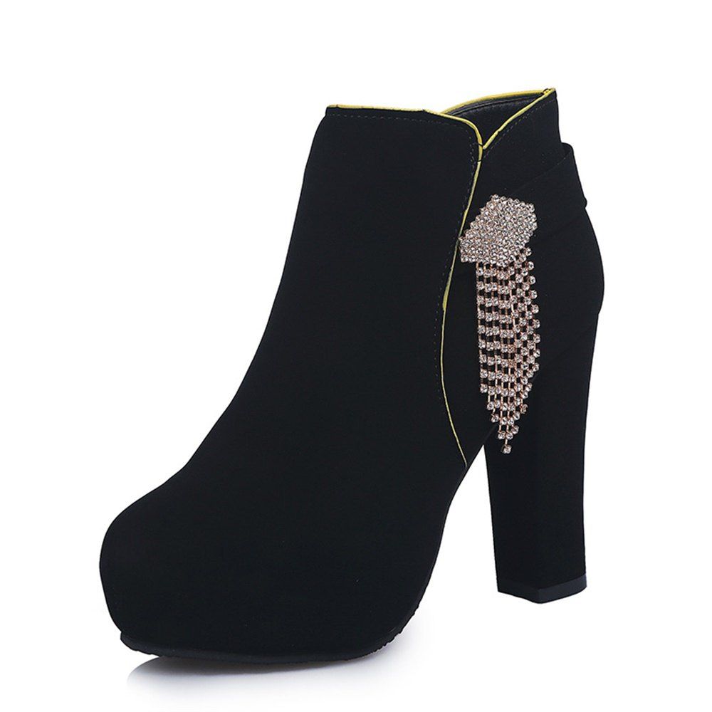 

Fashion Zipper Drill High Heel Short Boots, Black