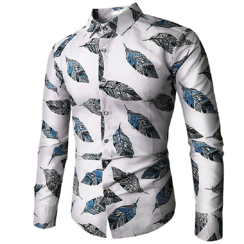 

Fashion Print Men's Long Sleeve Flower Shirt, White