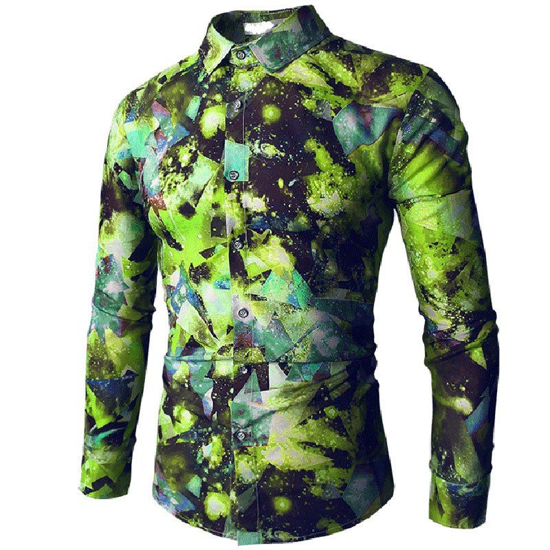 

Fashion Print Men's Long Sleeve Flower Shirt, Green