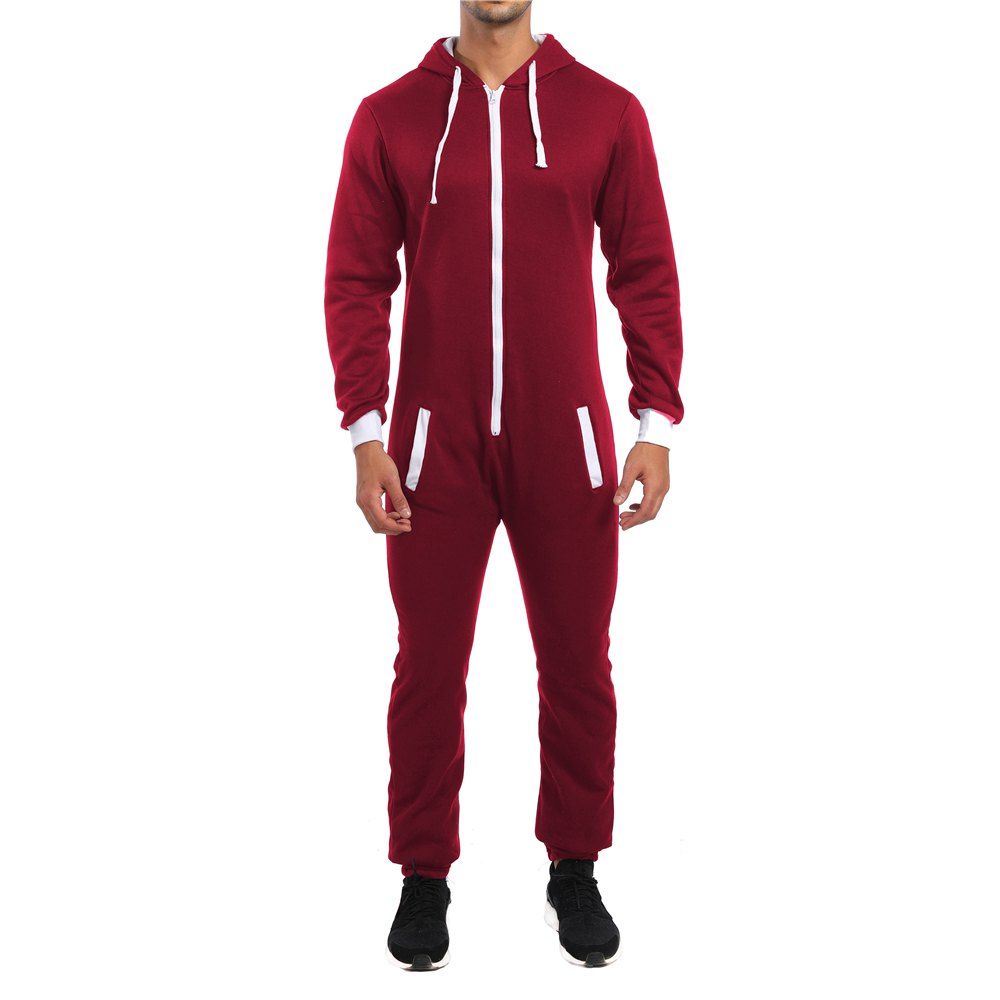 Men's Colorblock Casual Zipper Jumpsuit Hoodie, Red