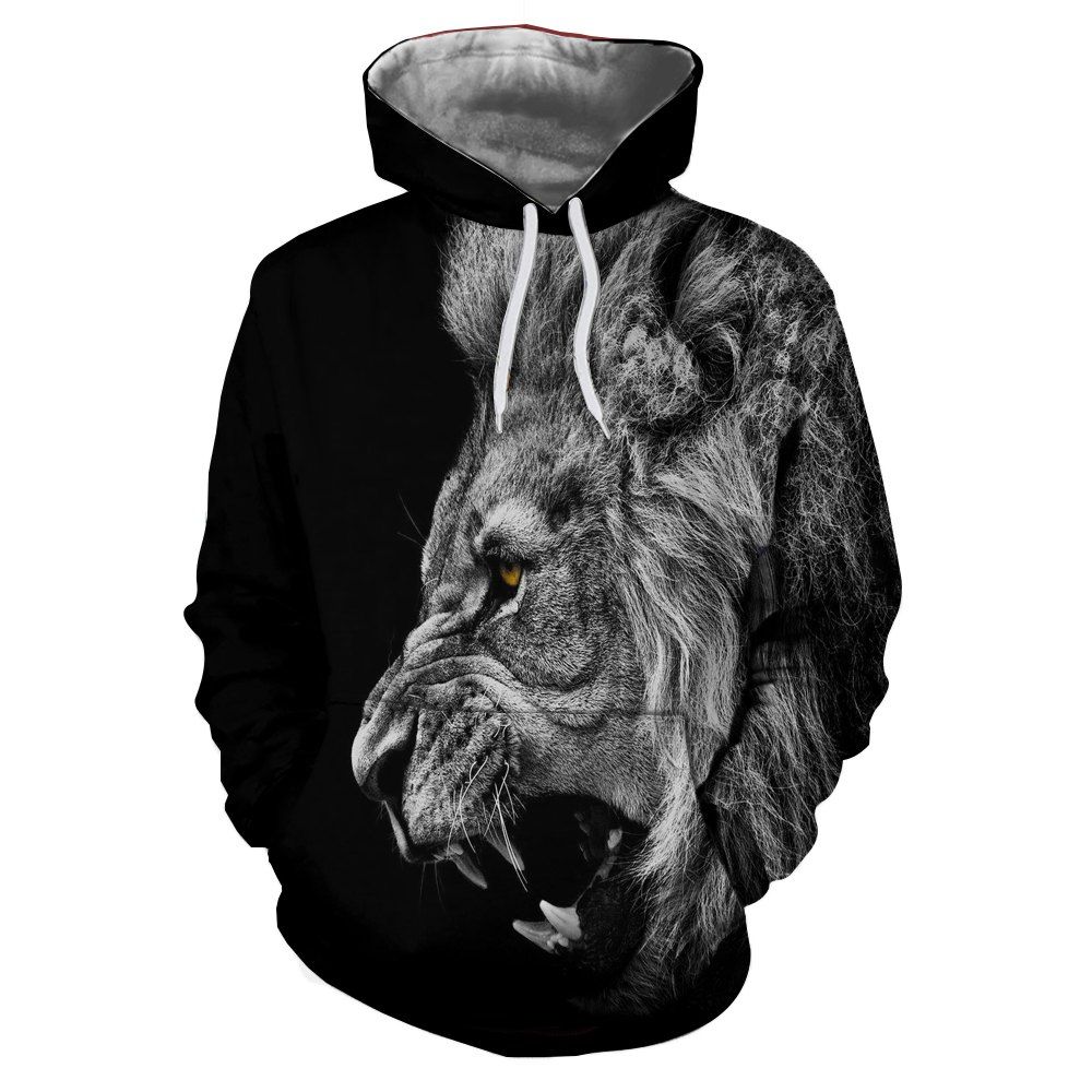 

3D Winter Fashion Sports Lion Head Print Men's Hoodie, Black