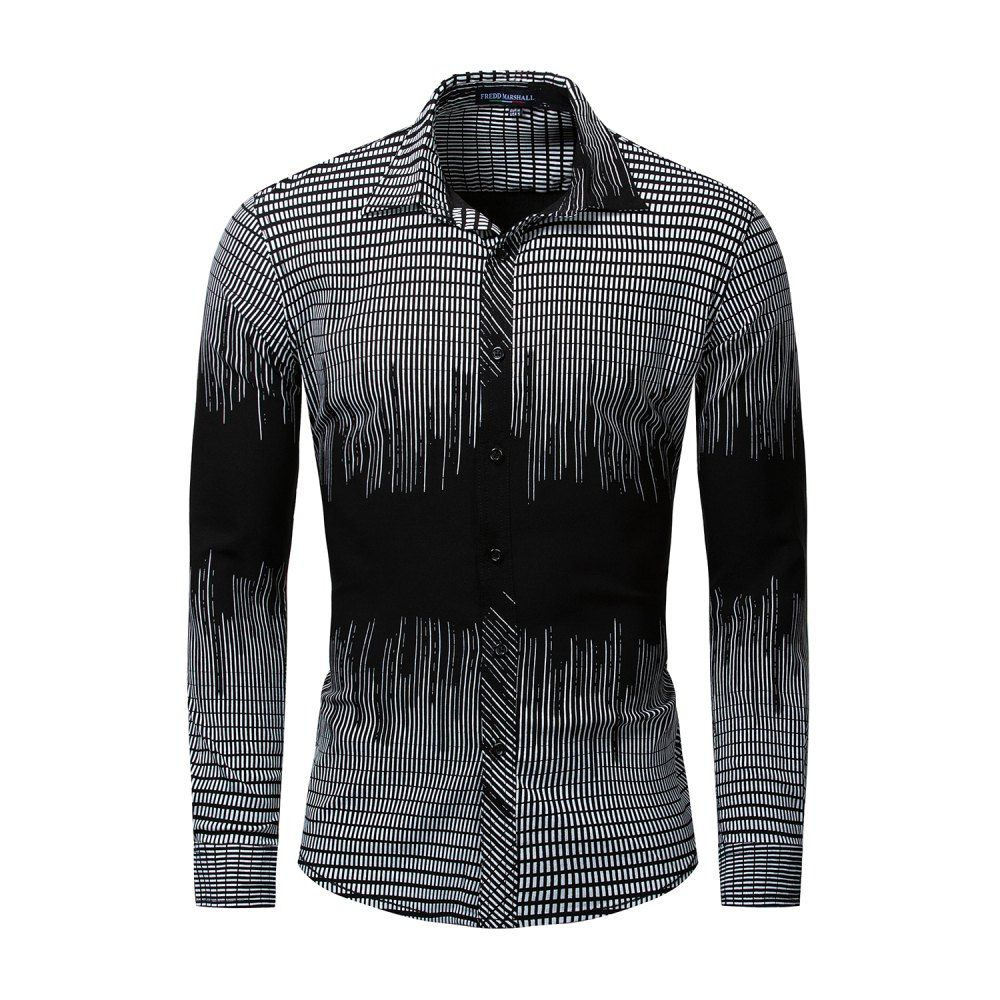 

Men's New Long Sleeve Printed Elastic Slim Shirt, Black