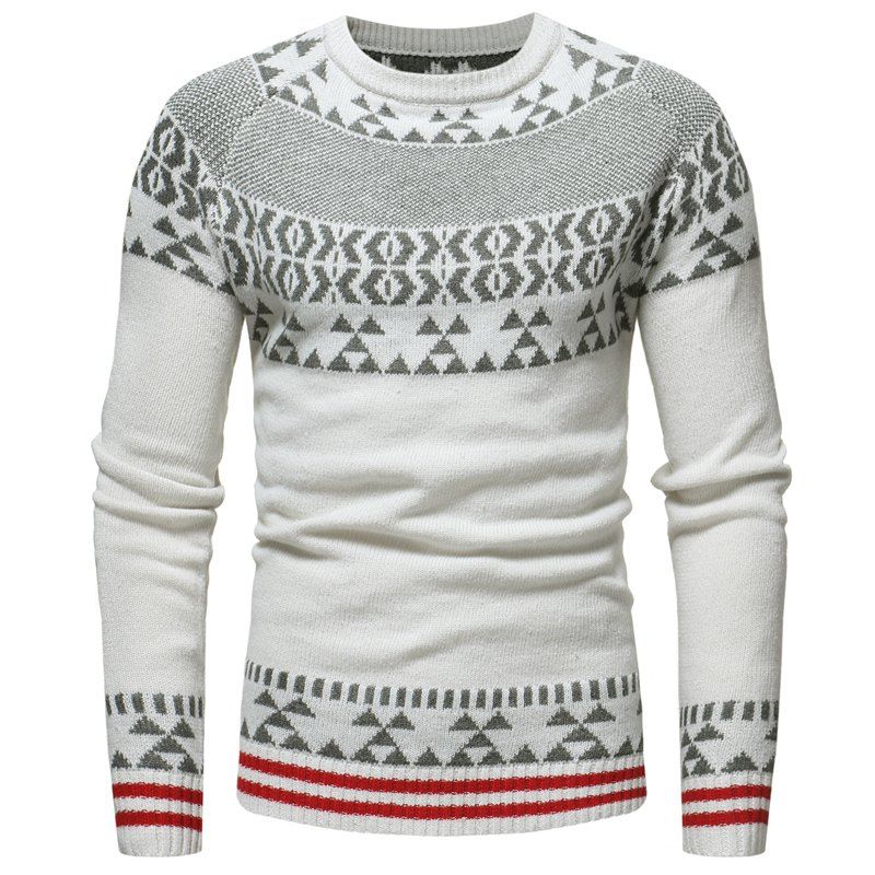 

Round Neck Fashion Contrast Color Jacquard Men's Casual Knit Pullover Sweater, White
