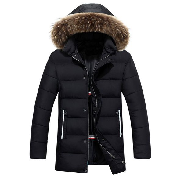 Col de fourrure d'hiver des hommes occasionnels chaud manteau long manteau - Noir 3XL