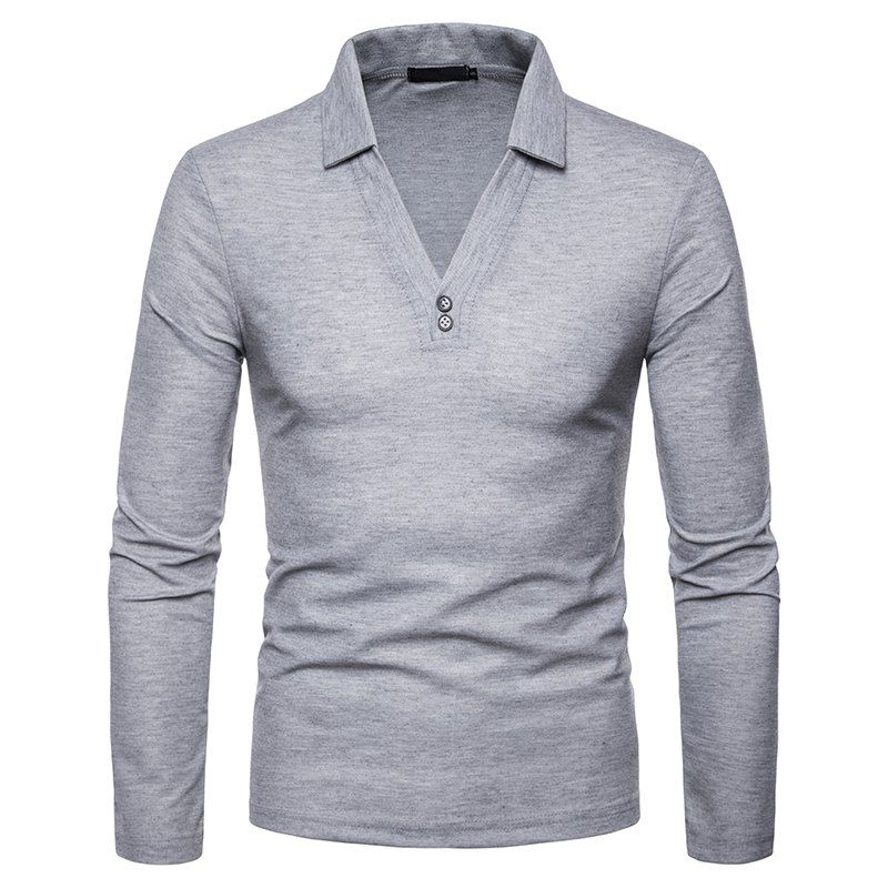 

Men's Large Size V-Neck Design Lapel Long Sleeve T-Shirt, Light gray