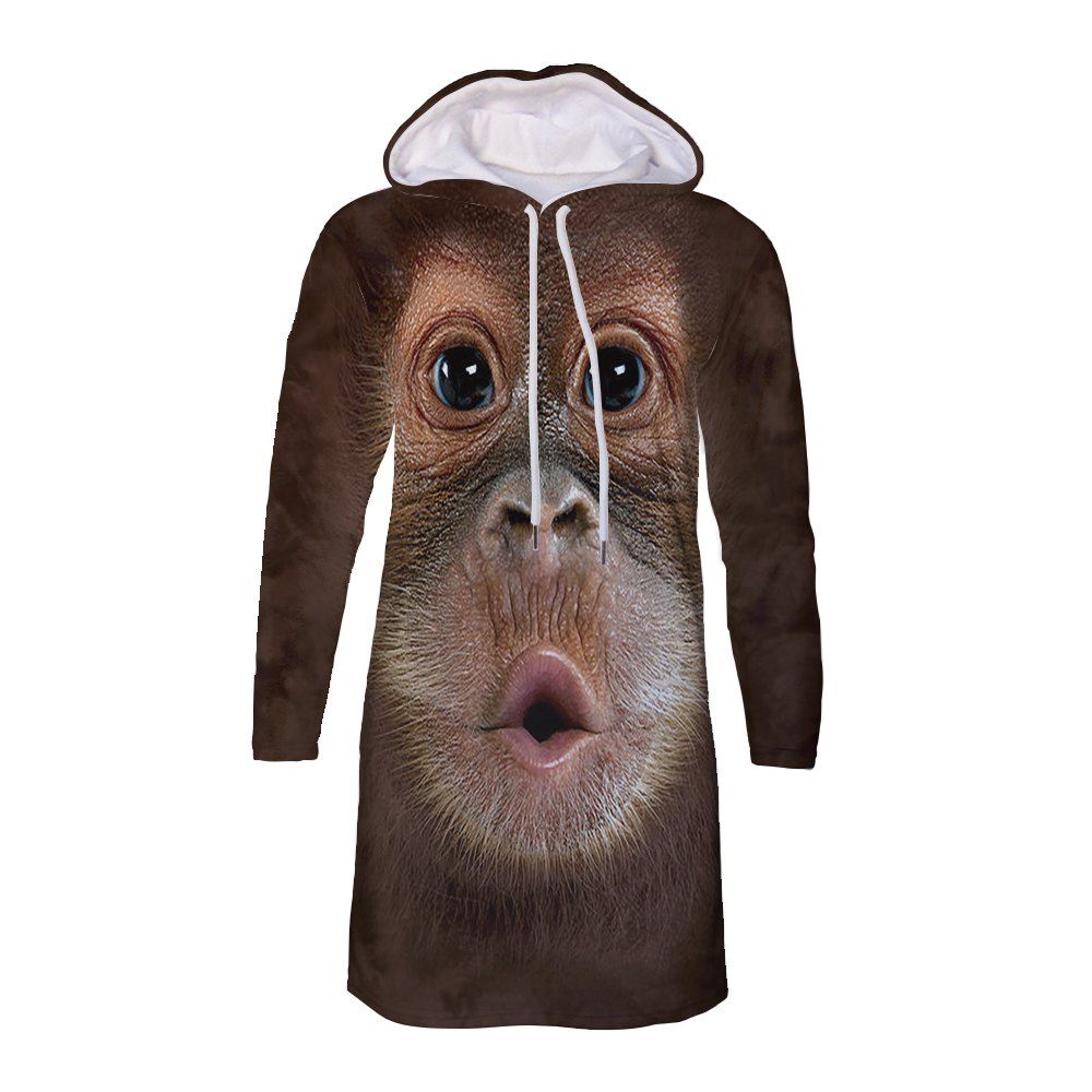 

3D Monkey Print Casual Women's Hooded Dress, Multi