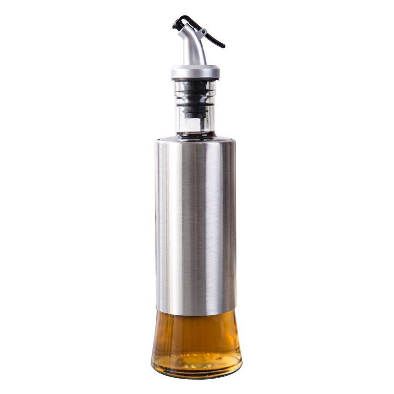 

300ml Kitchen Glass Oil Can Stainless Steel Seasoning Sauce Bottle, Silver