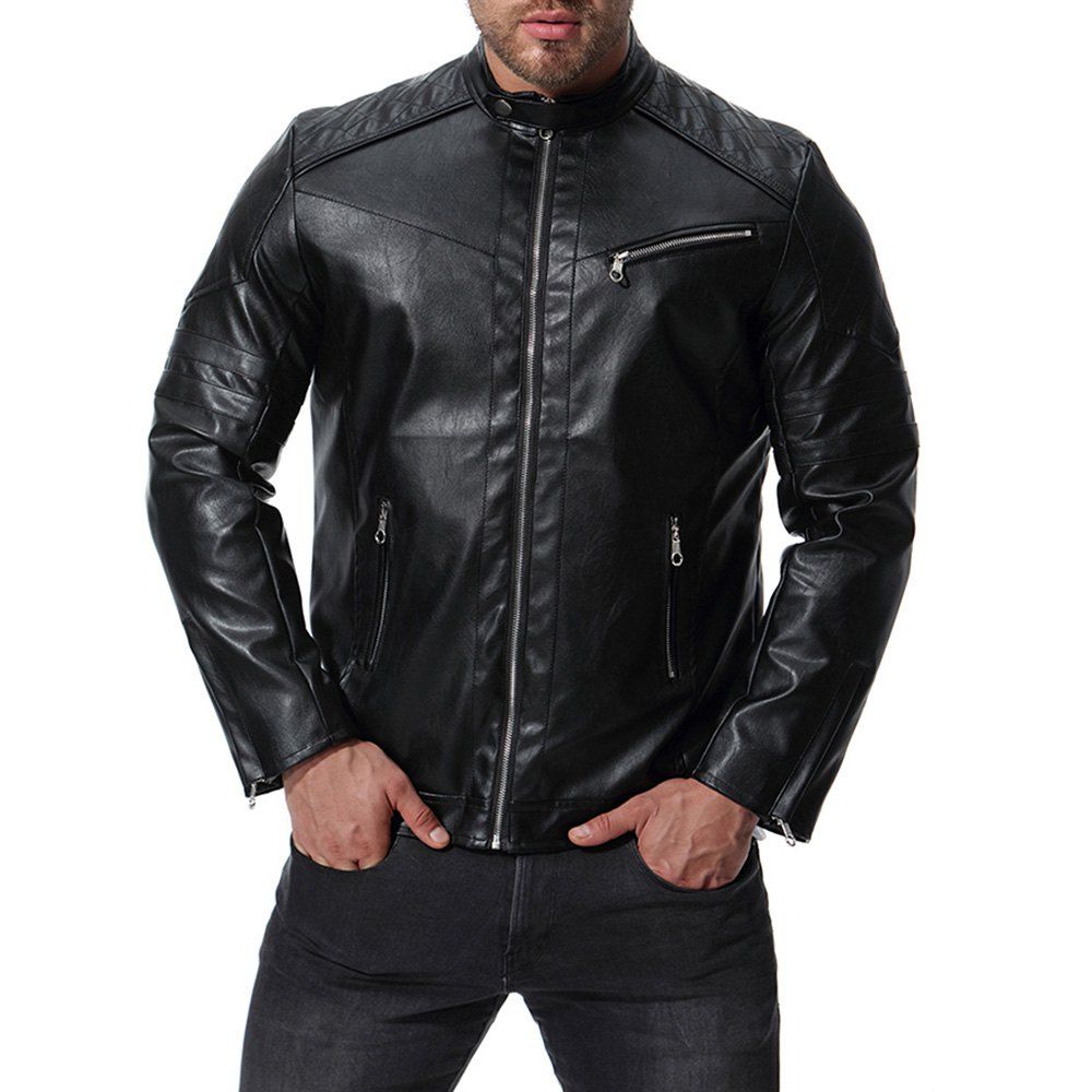 

Men's High Quality Design Fashion Motorcycle Leather Collar Leather jacket, Black