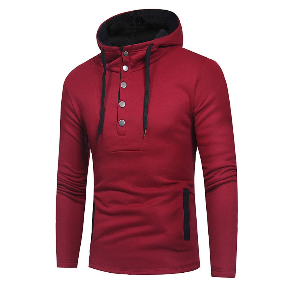 

Men's Fashion Button Stitching Hit Color Hooded Long-Sleeved Slim Sweater, Red wine