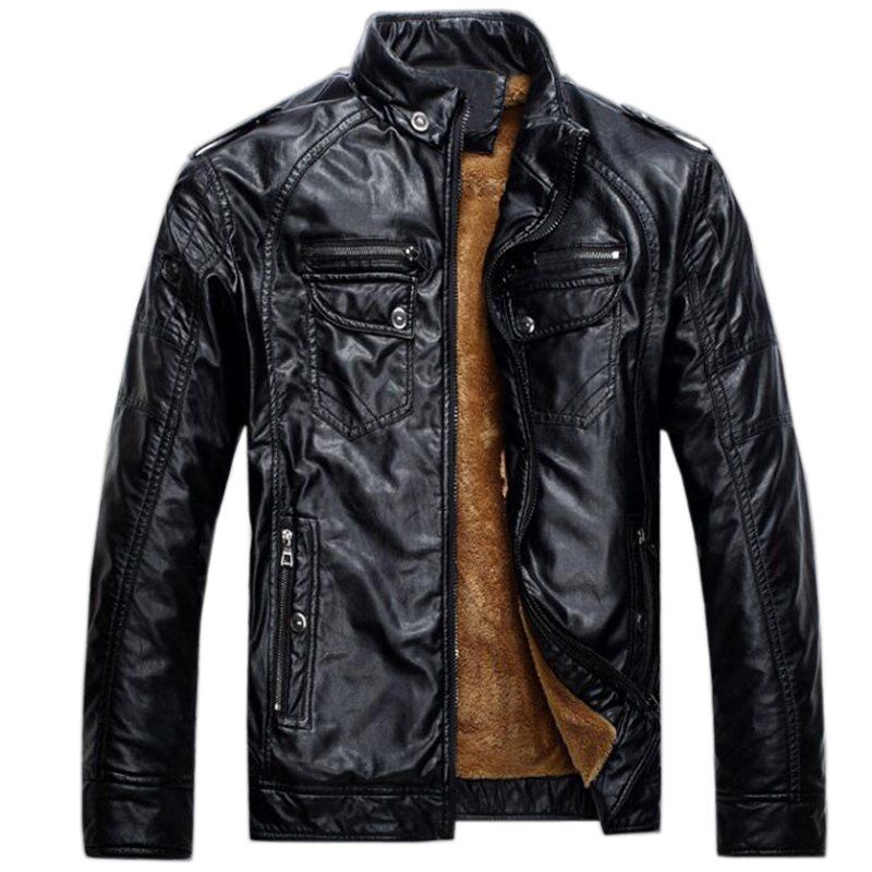 

Men's Casual Winter Fleece Leather Jacket Solid Stand Long Sleeve PU Coat, Black