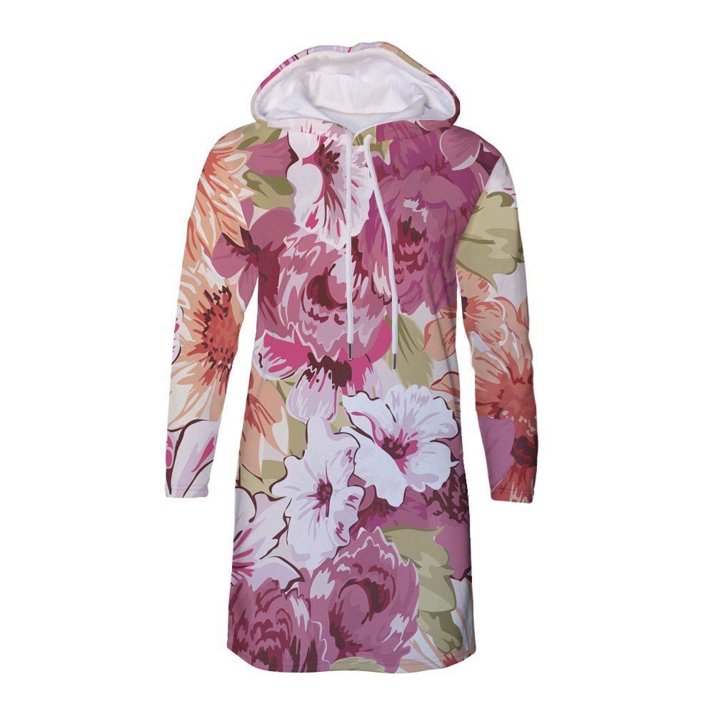 Fashion Flower Print Women's Hooded Dress, Multi-c