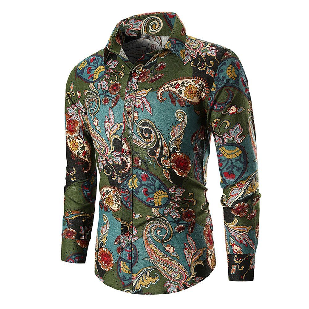

Men's Long Sleeve Large Size National Wind Cotton Twist Shirt, Fern green