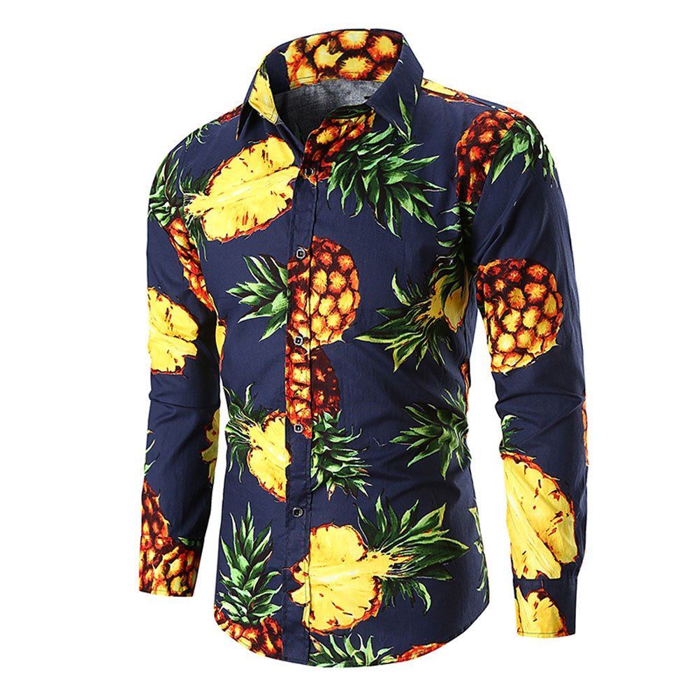

Men's Long Sleeve Large Size Pineapple National Wind Cotton Shirt, Cadetblue