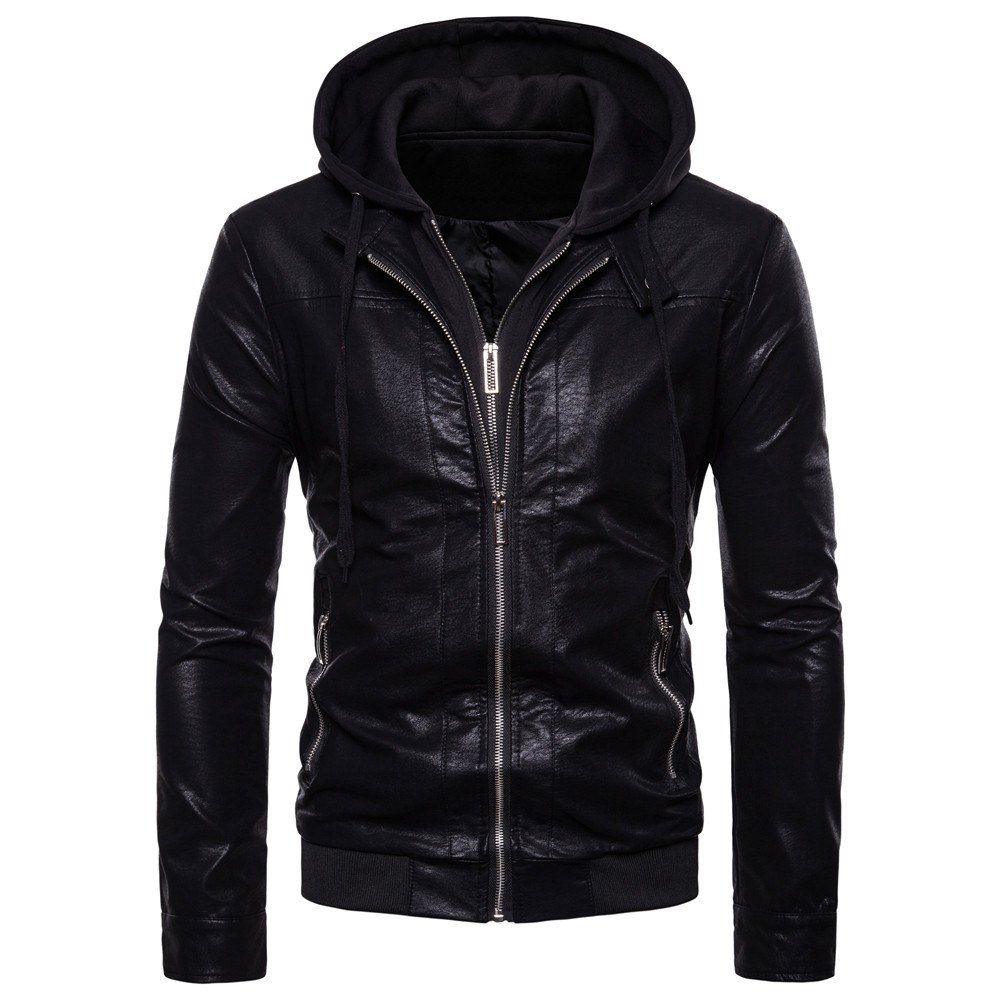 

Men's Fashion Two-Piece Hooded Slim Motorcycle Leather Jacket, Black
