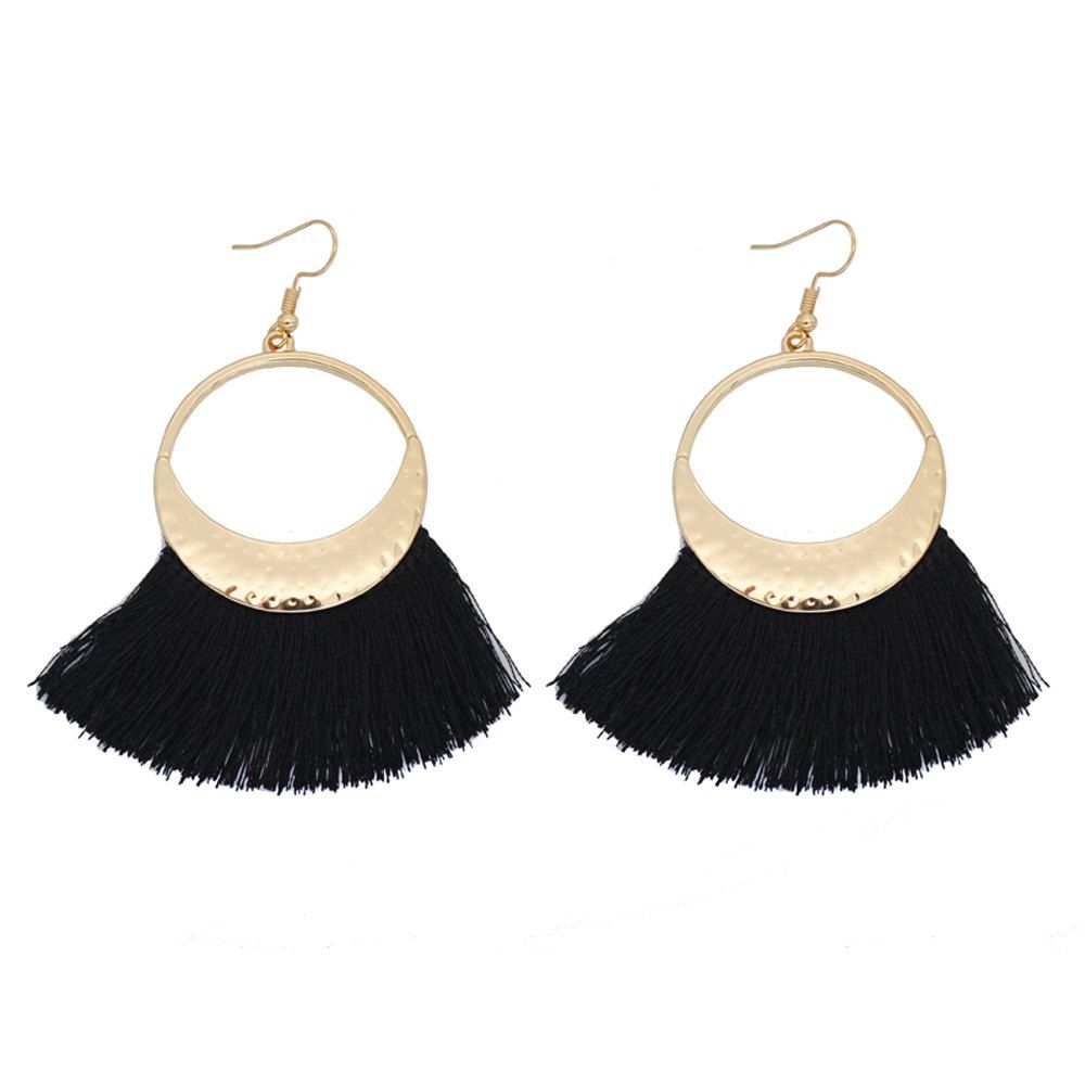 

Fringed Knitted Fan-Shaped Gold Earrings, Black