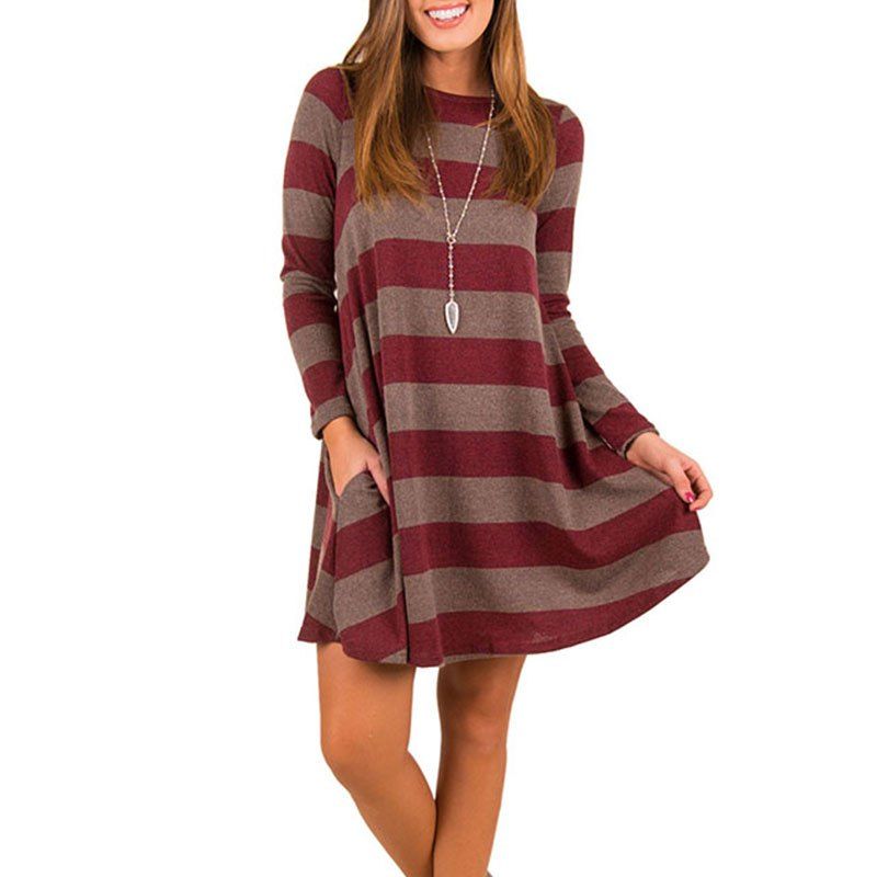 

Round Collar Casual Stripe Long Sleeve Dress, Multi-b