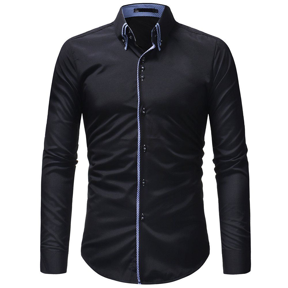 

Fashion Double Collar Accessory Men's Casual Slim Long Sleeve Lapel Shirt, Black