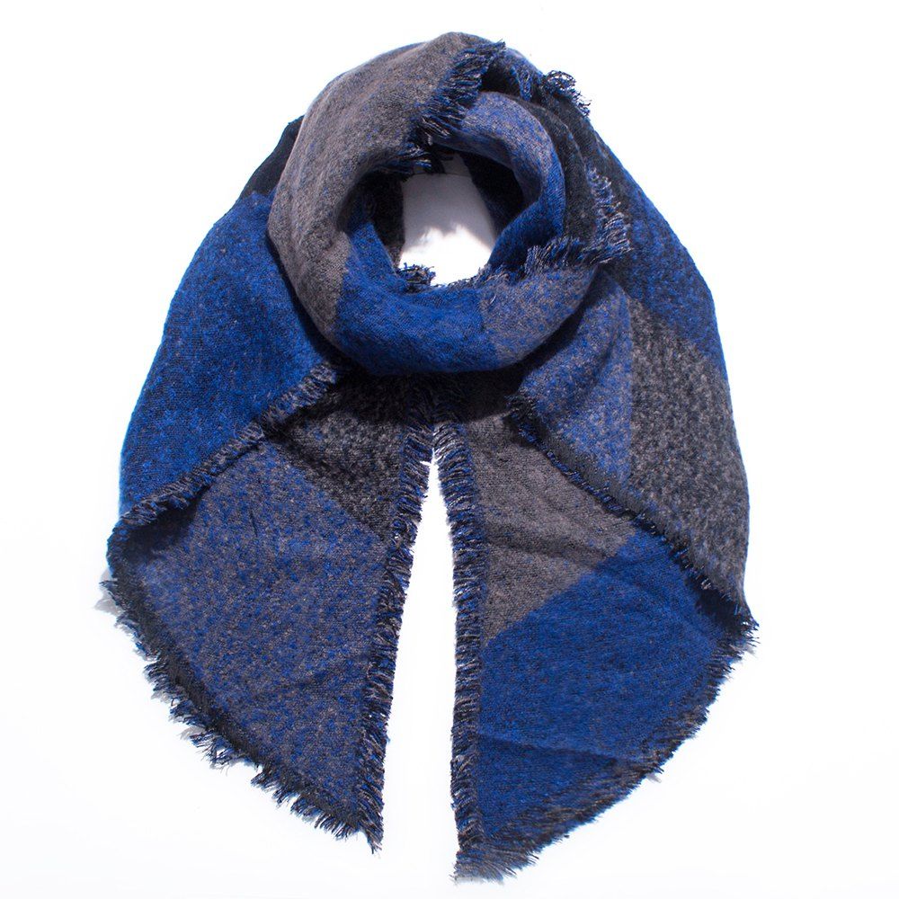 

Thickened Women's Checked Scarves with Fluffy Edges, Navy blue