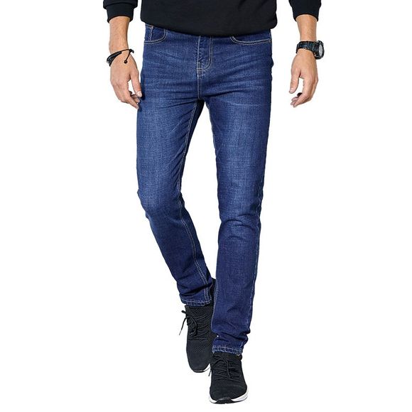 Vêtements d'automne Hommes Pantalons décontractés Tendance Couleur unie Slim Wash Jeans droits - Bleu profond 34
