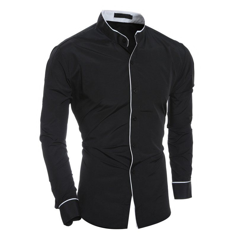 

Men Shirt Personality Striped Casual Stand Collar Slim Long Sleeve, Black