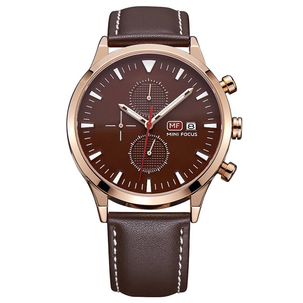 

MINI FOCUS Men's Quartz Luxury Chronograph Leather Strap Military Sports Watch, Brown