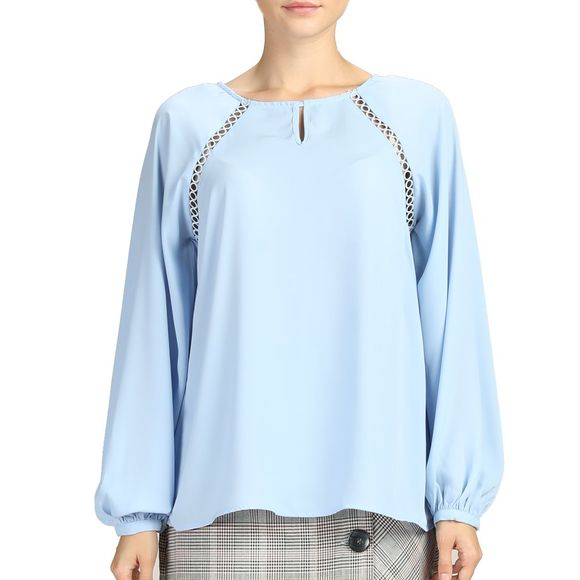 SBETRO Mesdames Blouse solide évider avant chemise trou mousseline automne - Bleu Ciel Léger XL