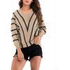 Women's V-neck Long Sleeve Stripes Patchwork Bottom Knitwear Sweatershirt Tops - LIGHT KHAKI L