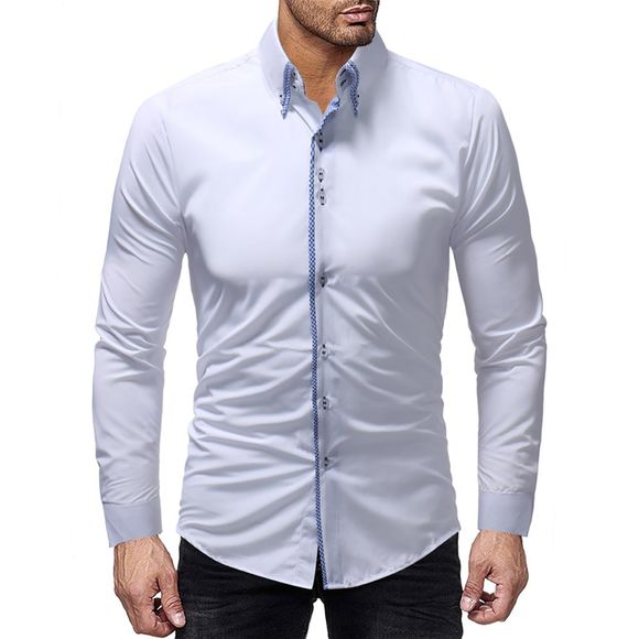 Chemise Casual Slim Shirt à manches longues à double couche pour hommes, couleur unie - Blanc L