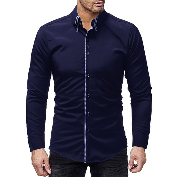Chemise Casual Slim Shirt à manches longues à double couche pour hommes, couleur unie - Cadetblue 2XL