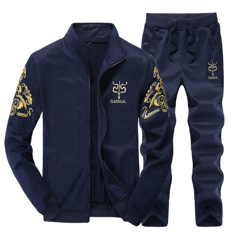 

Men Active Tracksuit 2Pcs Solid Color Zipper Active Tracksuit, Deep blue