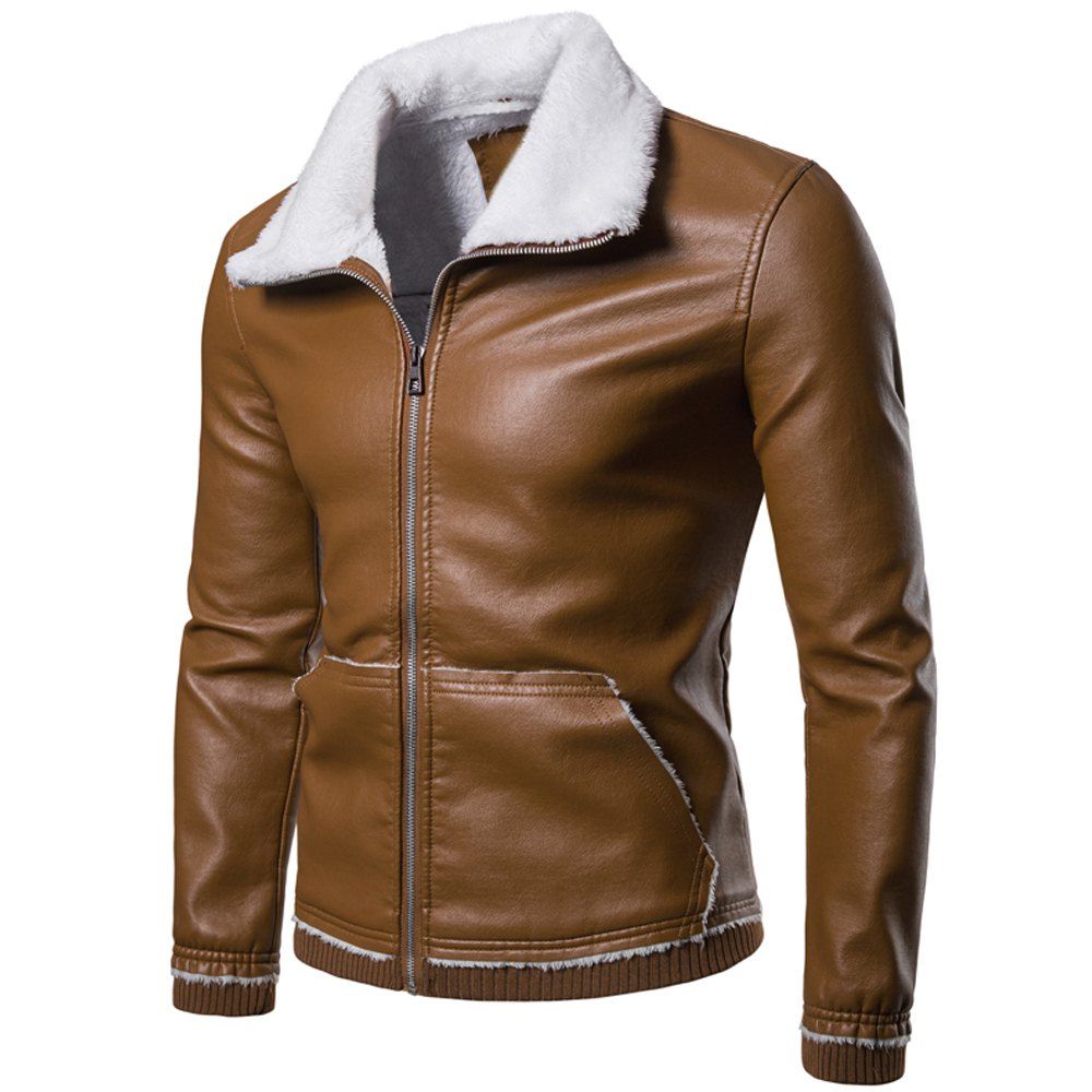 

Men's Winter Lapel Casual Lamb Jacket, Deep coffee