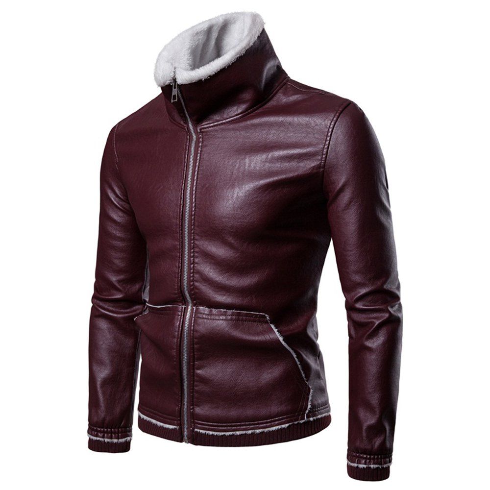 

Men's Winter Lapel Casual Lamb Jacket, Red wine
