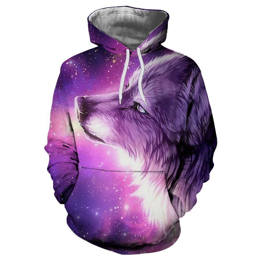 

Men's Fashion 3D Starry Wolf Print Patch Pocket Hoodie Sweater, Multi