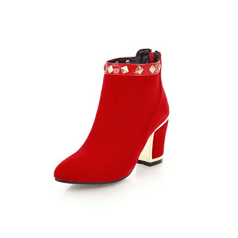 

Thick Follow Round Head Suede Rivet Short Zipper Boots, Red