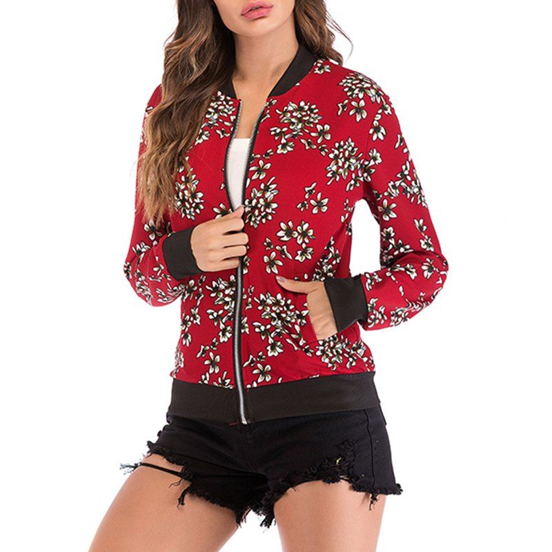 

Autumn Collar Small Broken Flower Printed Zipper Long Sleeved Baseball Coat, Red