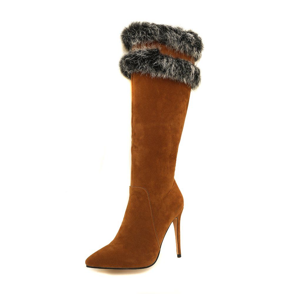 

Autumna And Winter High-Heeled Female Boots-Rabbit Hair Boots, Brown